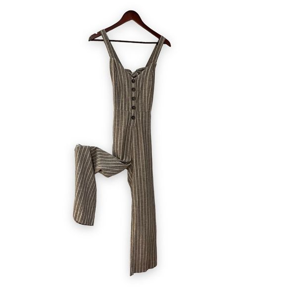 JAPNA Khaki Stripe Linen Romper Jumpsuit Boho Kawaii Bow Back Overall Pant Tie S - Picture 2 of 14